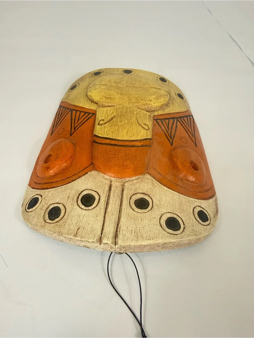 Handcarved Wooden Tribal Mask Wall Decor 3D Orange Tan Black